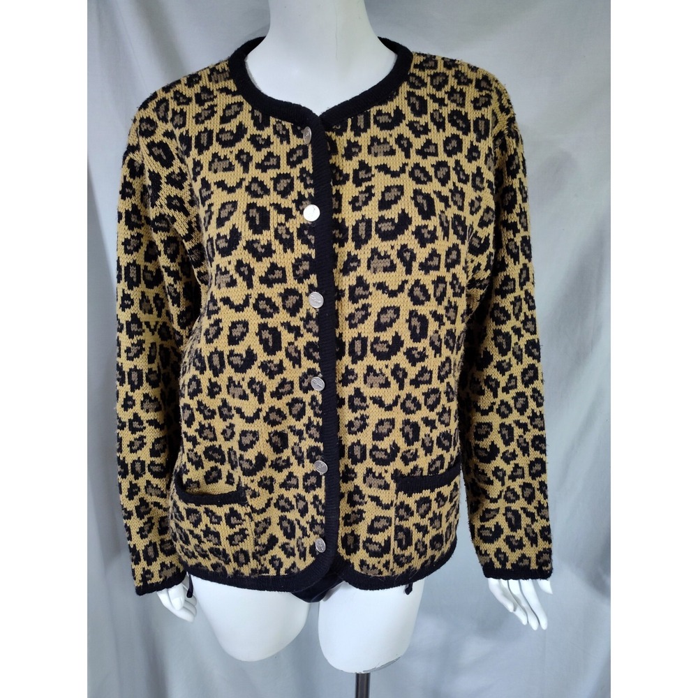 Tally Ho Women's XL acrylic sweater cardigan cheetah/leopard silver button FLAWS